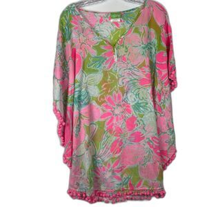 Classic Whimsy Floral Pink & Green Pom Pom Kaftan Cover Up Tropical Floral S/M